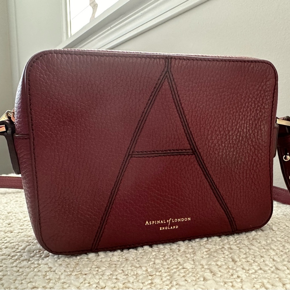 Aspinal of London Camera Crossbody Bag in Burgundy Pebble Leather